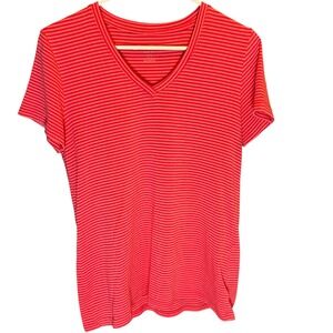 Eddie Bauer Womens Striped V Neck Short Sleeve T Shirt Top Coral Pink Size L